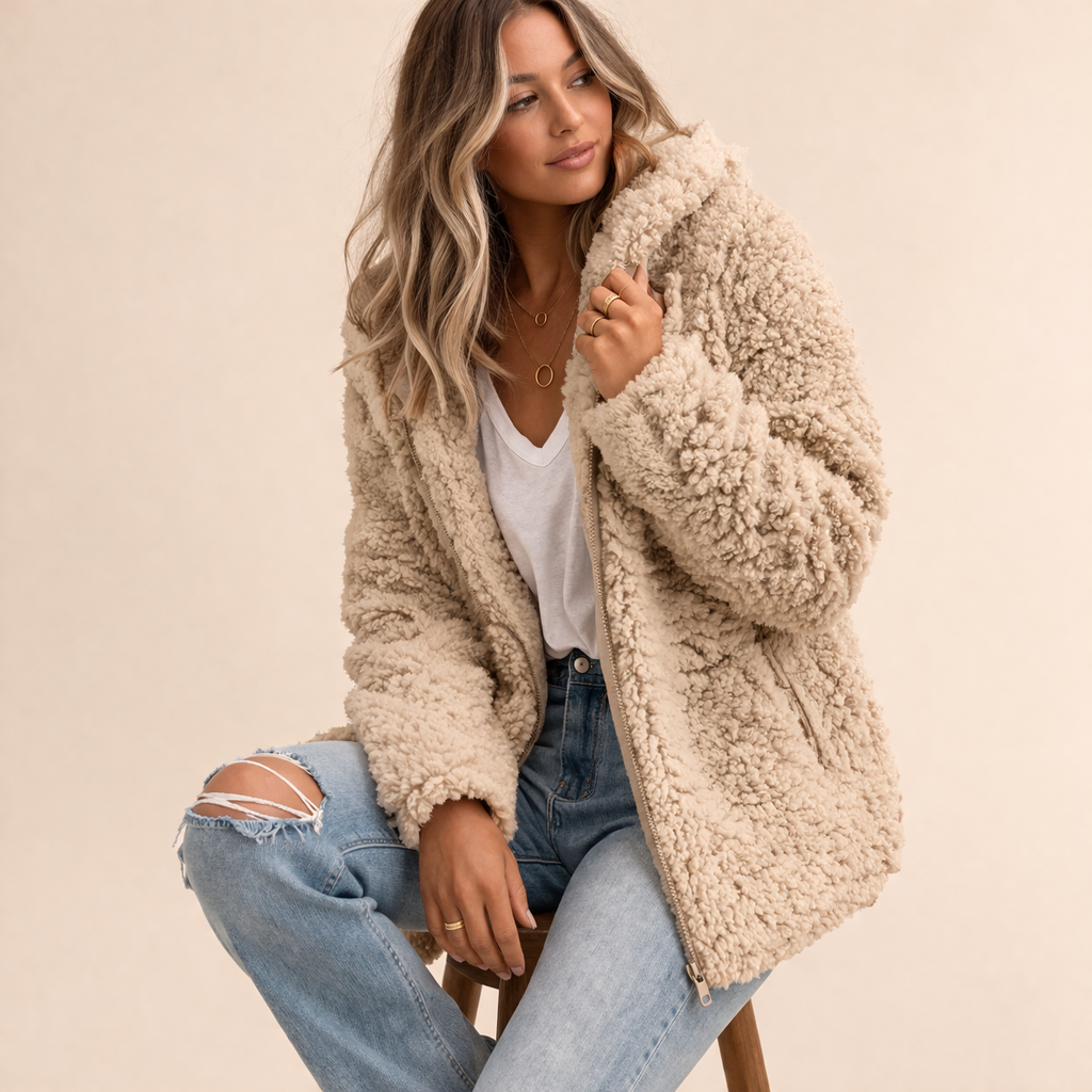 Lange Winterjacke für Damen im Oversized-Stil in Beige