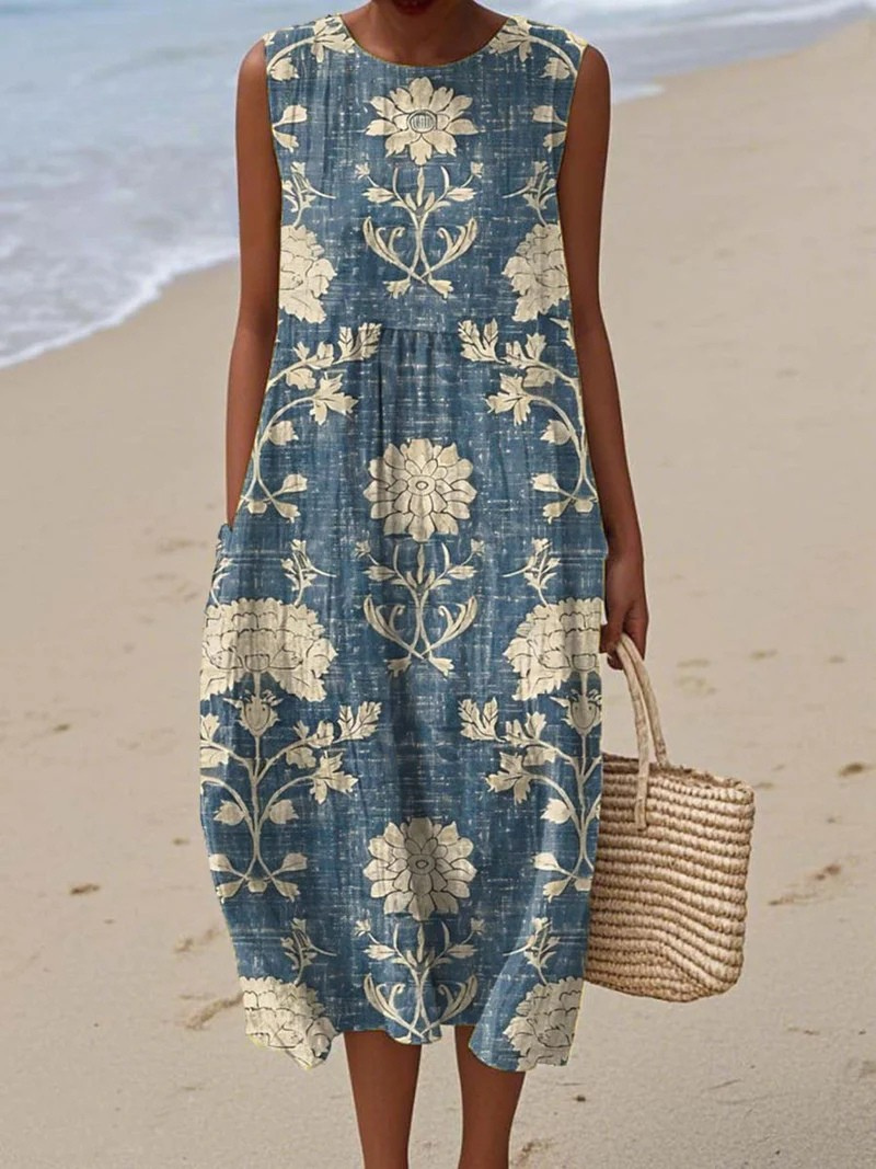 Meike Strandkleid mit nostalgischem Blütendessin in Blau Foto 1