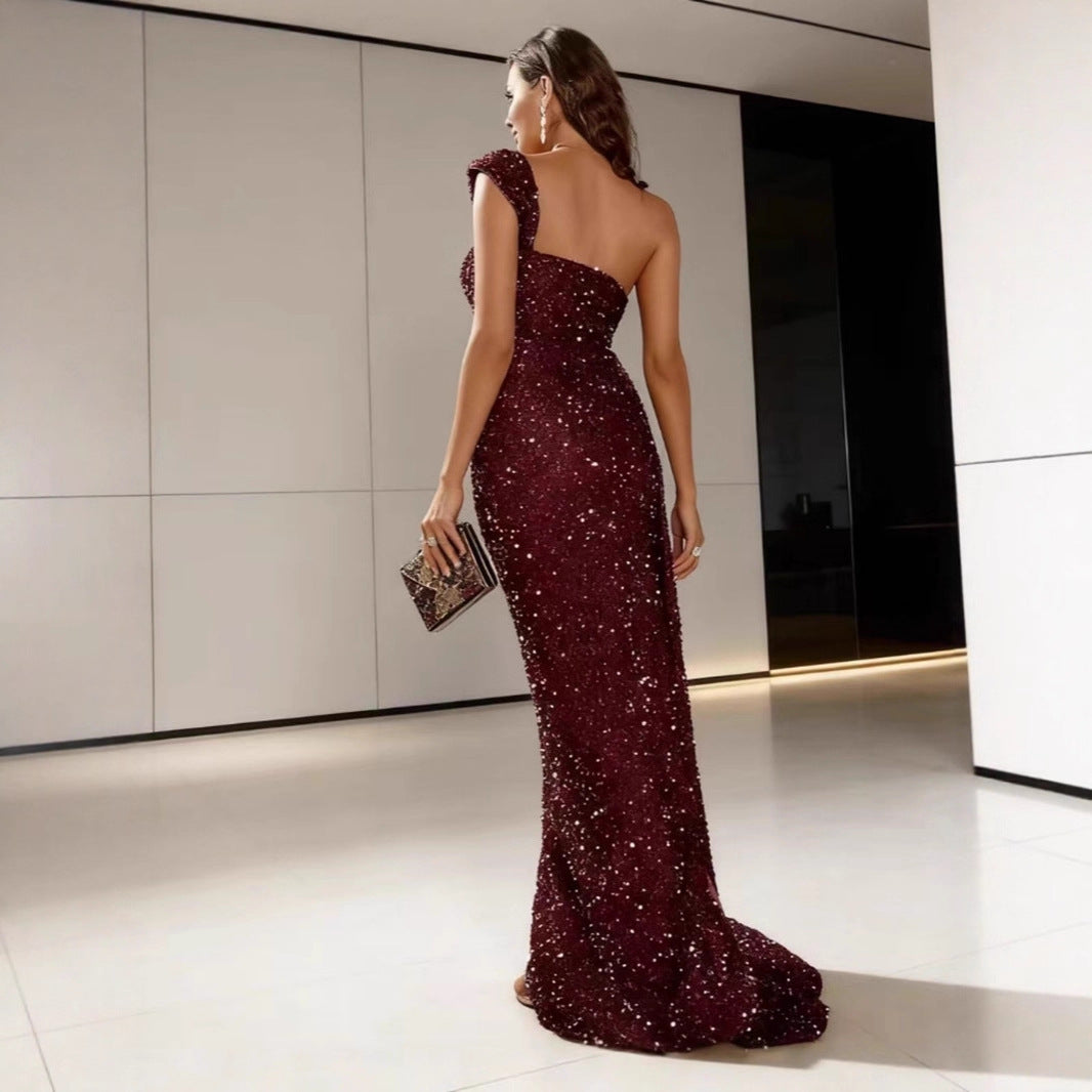 Oline Pailletten-Abendkleid One-Shoulder mit Beinschlitz Foto 3