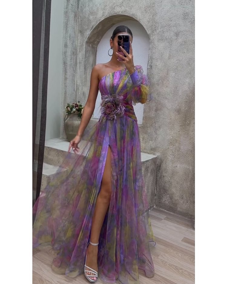 Unn Abendkleid mit Blumenprint und transparenten Ärmeln Foto 7