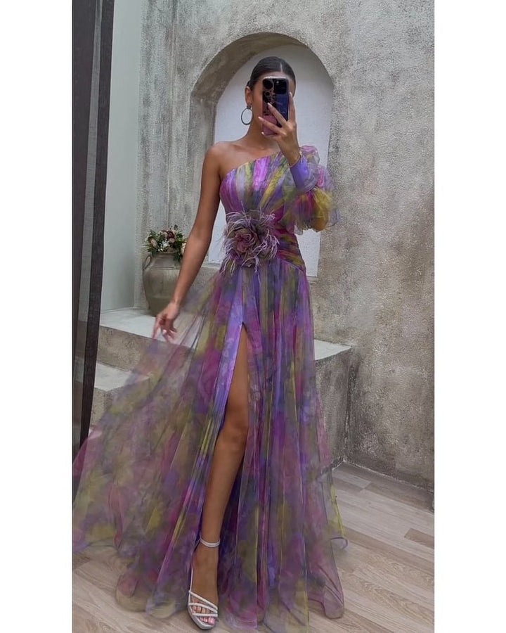 Unn Abendkleid mit Blumenprint und transparenten Ärmeln Foto 7