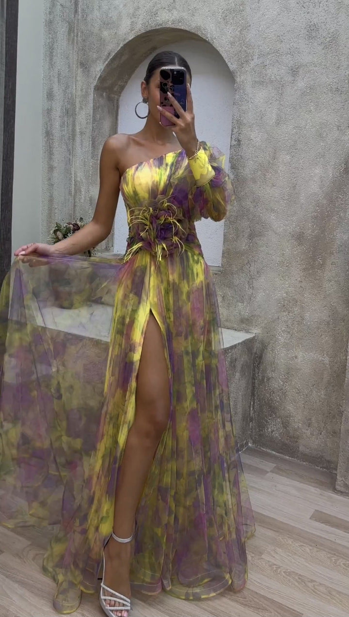 Unn Abendkleid mit Blumenprint und transparenten Ärmeln Foto 8