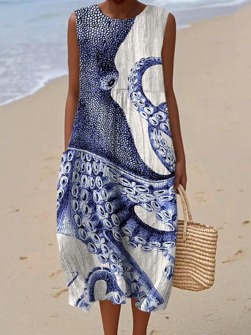 Uta Blau-weißes Strandkleid mit markantem Oktopus-Dessin Foto 1