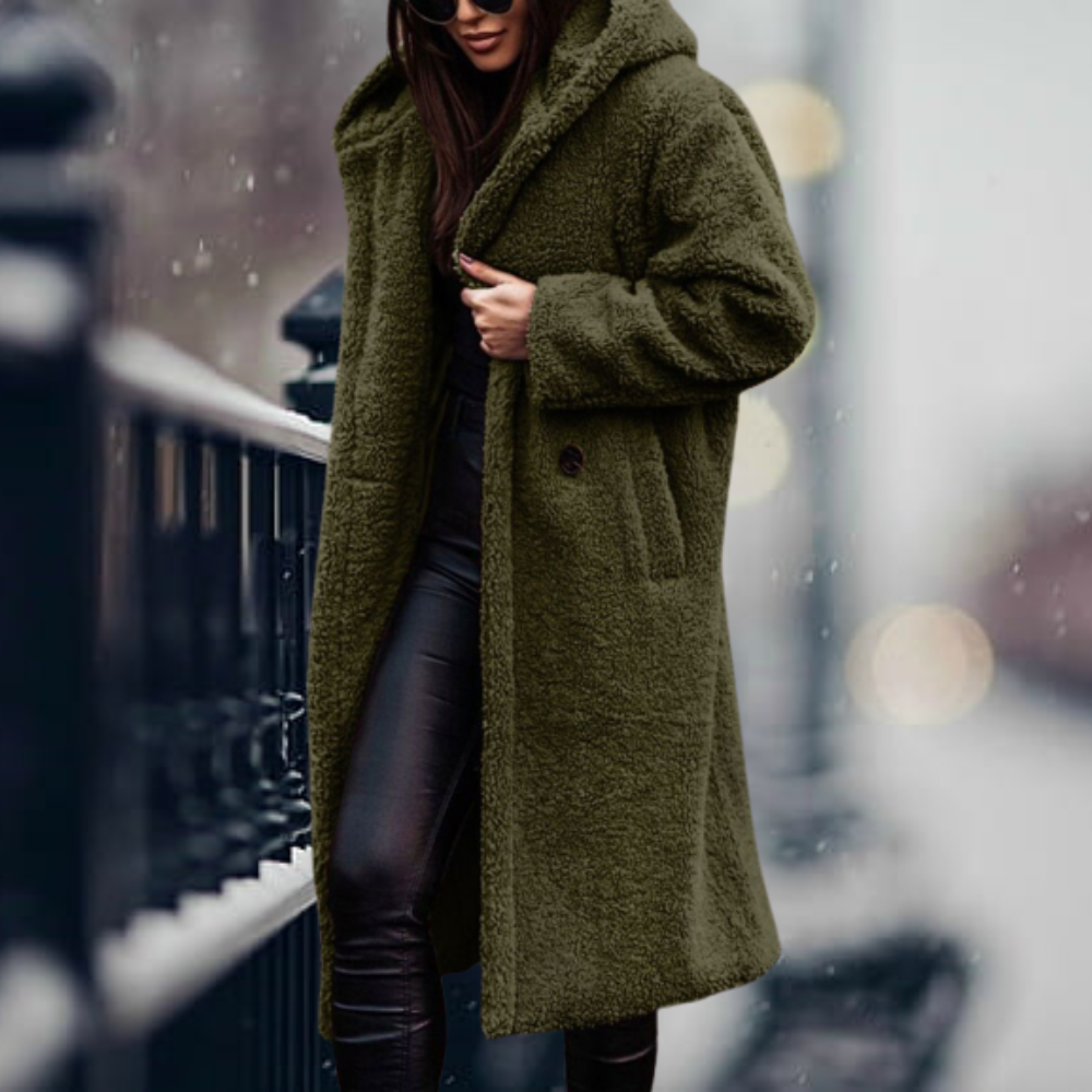Warme Damen Herbstjacke mit Flauschiger Kapuze in Armeegrün