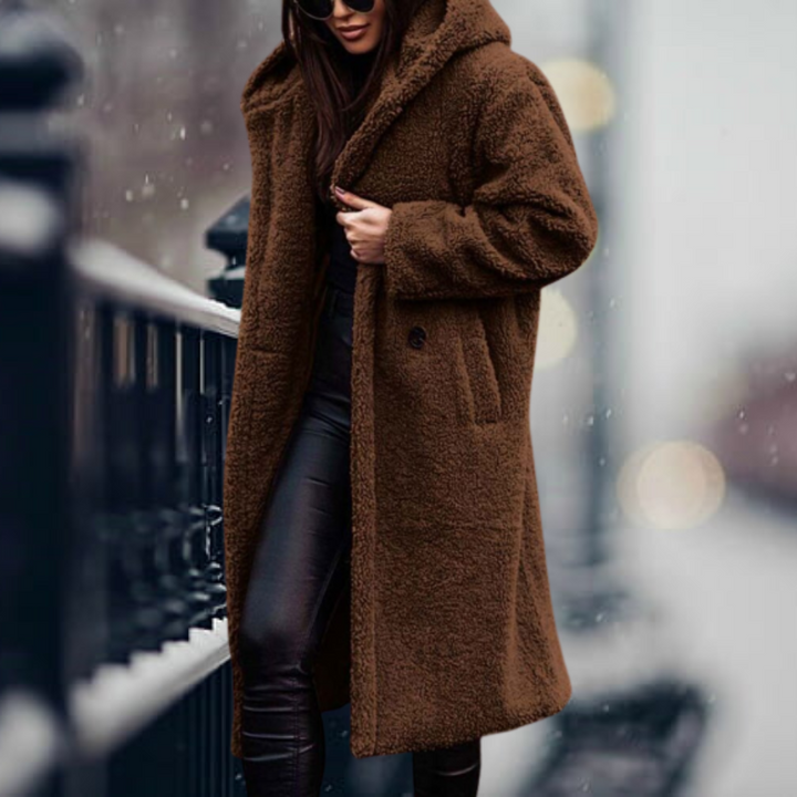 Warme Damen Herbstjacke mit Flauschiger Kapuze in Braun