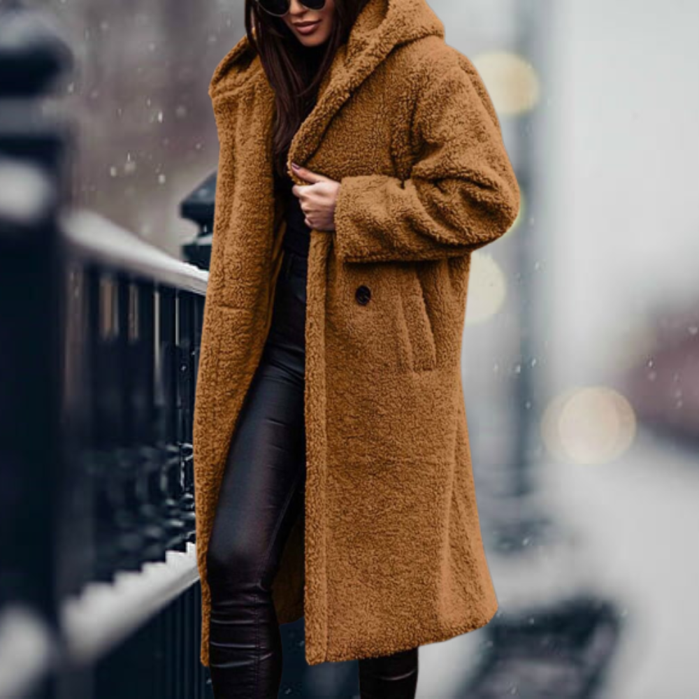 Warme Damen Herbstjacke mit Flauschiger Kapuze in Goldenes Kamel