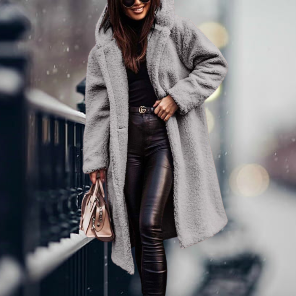 Warme Damen Herbstjacke mit Flauschiger Kapuze in Grau