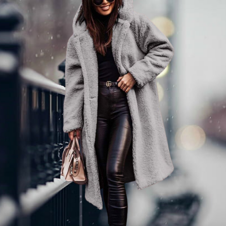 Warme Damen Herbstjacke mit Flauschiger Kapuze in Grau