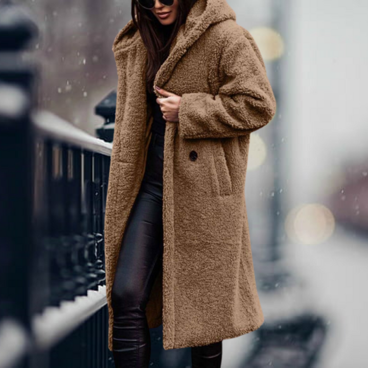 Warme Damen Herbstjacke mit Flauschiger Kapuze in Kamel