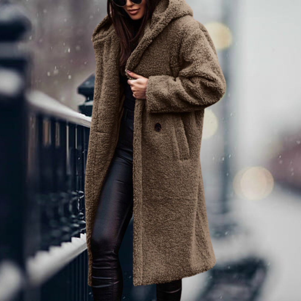 Warme Damen Herbstjacke mit Flauschiger Kapuze in Khaki