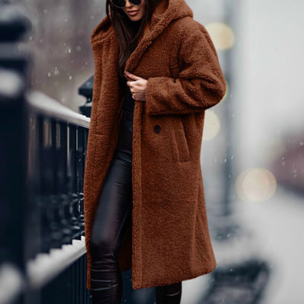 Warme Damen Herbstjacke mit Flauschiger Kapuze in Rotbraun