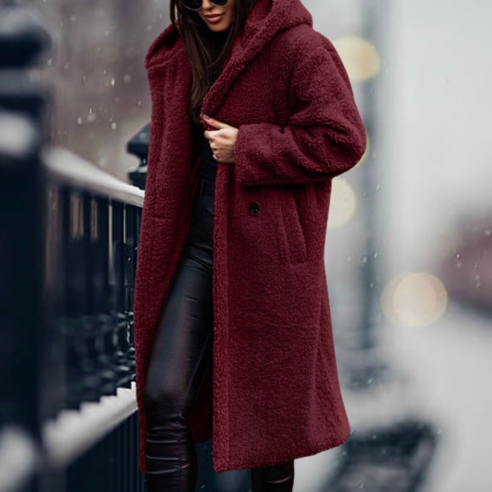 Warme Damen Herbstjacke mit Flauschiger Kapuze in Rotwein