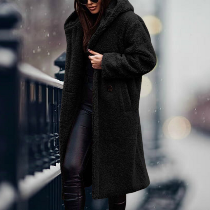 Warme Damen Herbstjacke mit Flauschiger Kapuze in Schwarz